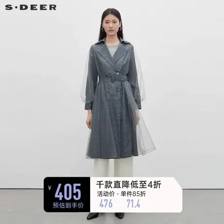 sdeer圣迪奥女装时尚翻领收腰网纱长款风衣S233Z1811图片