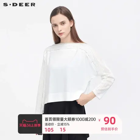 sdeer圣迪奥女装复古一字领蕾丝拼接长袖T恤S21180214图片
