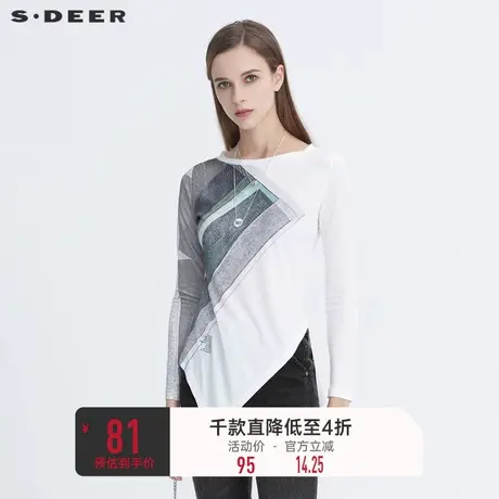 sdeer圣迪奥女装圆领套头字母印花不规则长袖打底T恤S20480214图片