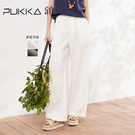 蒲PUKKA 纯亚麻直筒休闲裤女2025夏季新款松紧橡筋系带高腰长裤图片