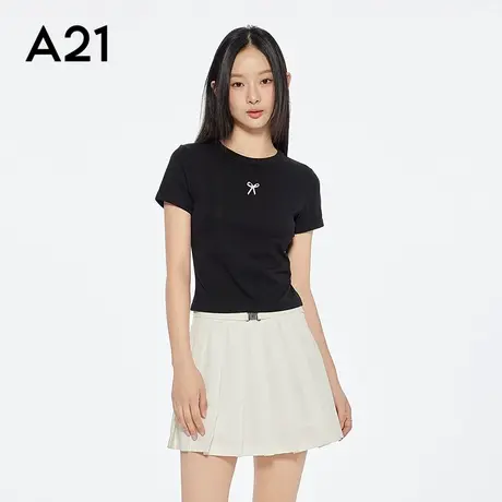 A21女装圆领蝴蝶结短袖T恤简约修身小众薄款短款上衣图片