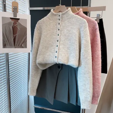 开衫半高领毛衣女外套2025春秋冬新款宽松外穿针织开衫内搭打底衫商品大图