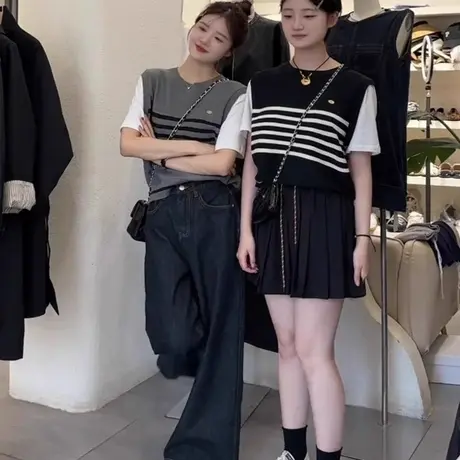 假两件冰丝针织衫上衣女夏季韩系设计感小众拼接条纹短袖正肩t恤商品大图