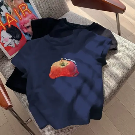 藏蓝色短袖t恤女夏季2025年新款趣味印花可爱设计感小众正肩上衣商品大图