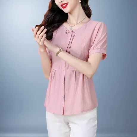 新中式短袖棉麻衬衫女夏季2025新款纯色洋气妈妈上衣显瘦减龄小衫图片