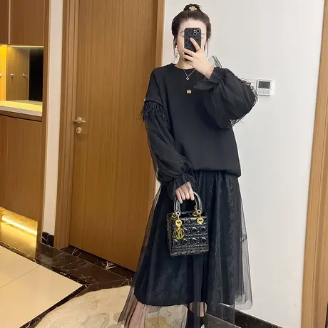 冬季黑色圆领女2024网纱流苏宽松休闲大码胖妹妹上衣显瘦加绒卫衣商品大图