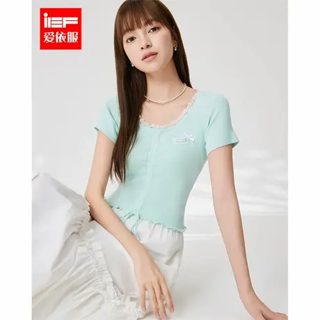 IEF/爱依服2025夏新款蕾丝拼接小香风针织T恤女时尚短袖甜美上衣图片
