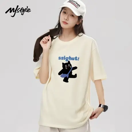 MJ STYLE220克纯棉男女同款短袖T恤女2025新款正肩美式半袖上衣图片