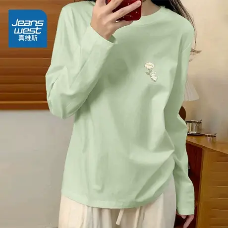 HG真维斯t恤女2025新款秋季慵懒松弛感上衣小个子纯棉长袖打底衫商品大图