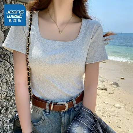 KMV真维斯方领短袖t恤女2025新款纯棉正肩修身小个子半袖短款上衣商品大图