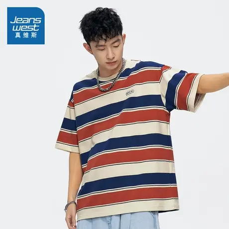 D4真维斯男装短袖T恤 2025夏季新款港风休闲拼色条纹圆领套头上衣商品大图