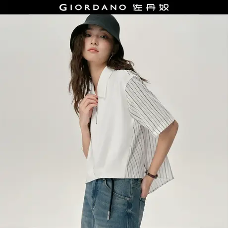 设计师款佐丹奴短袖Polo衫女拼接条纹拉链门筒翻领上衣女18315203商品大图