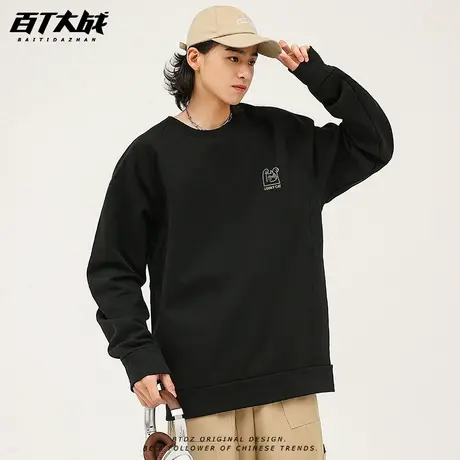 招财猫日系趣味小众圆领卫衣男女简约纯棉宽松休闲百搭外套青少年商品大图