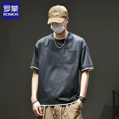 罗蒙潮牌美式纯色男士T恤夏季薄款口袋假两件圆领休闲宽松上衣N1Z商品大图