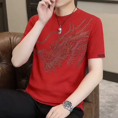 2025龙年本命年男士冰丝短袖T恤衫个性烫钻休闲男装半袖体恤小衫商品大图