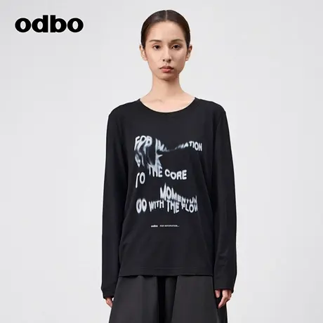 odbo/欧迪比欧时尚气质圆领长袖印花T恤女春季新款宽松显瘦上衣图片