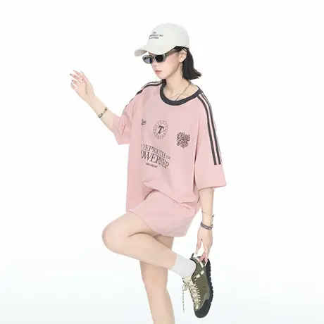 2025夏季新款撞色三道杠宽松印花短袖T恤女ins风纯棉情侣半袖上衣图片