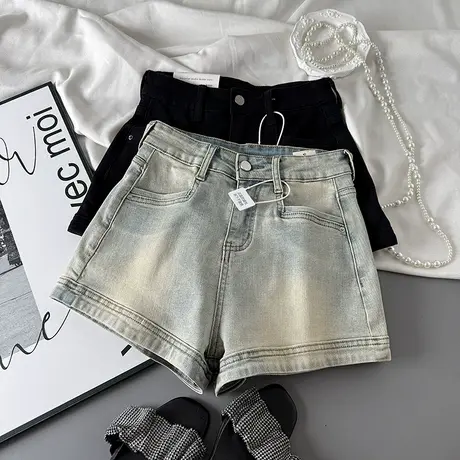 韩系复古水洗做旧高腰牛仔短裤女辣妹夏季新款宽松百搭a字热裤潮商品大图