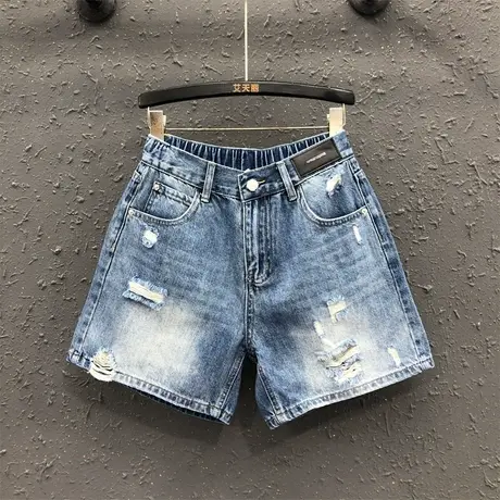 后松紧腰破洞牛仔短裤女2025夏季新款洋气宽松显瘦直筒阔腿裤热裤商品大图