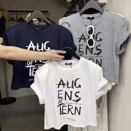 韩国东大门2025夏季新款百搭显瘦圆领字母印花短款垫肩短袖T恤女商品大图