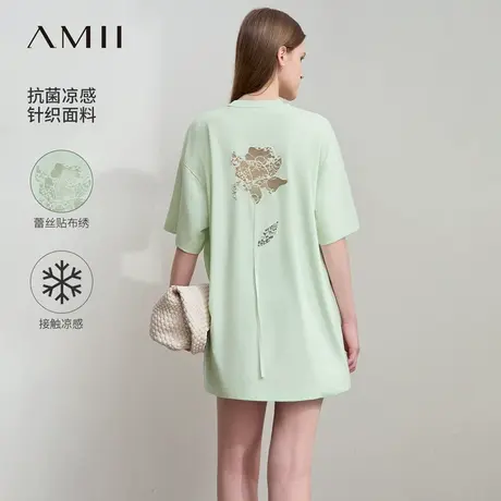 Amii2025夏新款圆领落肩袖蕾丝贴布绣短袖T恤女超宽松刺绣上衣图片