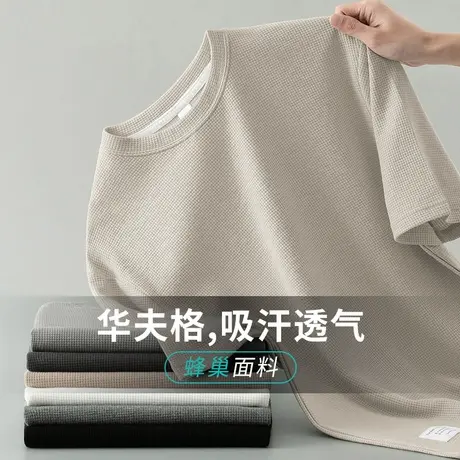 220g重磅华夫格短袖t恤男潮牌圆领上衣服纯色五分袖半袖潮流宽松商品大图