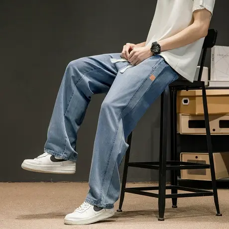 唐狮春夏季新款男牛仔裤抽绳直筒裤天丝垂感宽松水洗阔腿裤子男图片