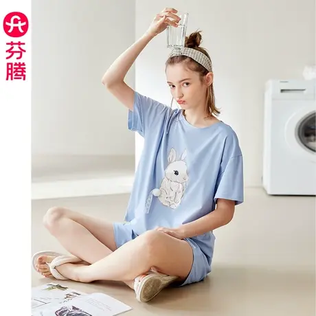 芬腾夏季纯棉睡衣女短袖圆领可爱卡通韩版少女全棉休闲家居服套装商品大图