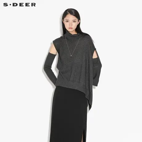 sdeer圣迪奥女装春秋装高领不规则设计袖套两件套针织衫S21383514图片