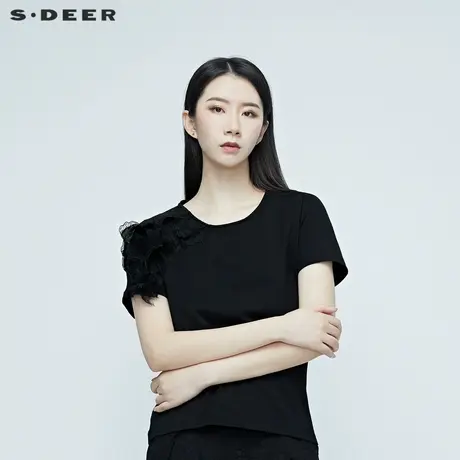 sdeer圣迪奥夏季女装肌理蕾丝拼接基础黑色T恤S20280108图片