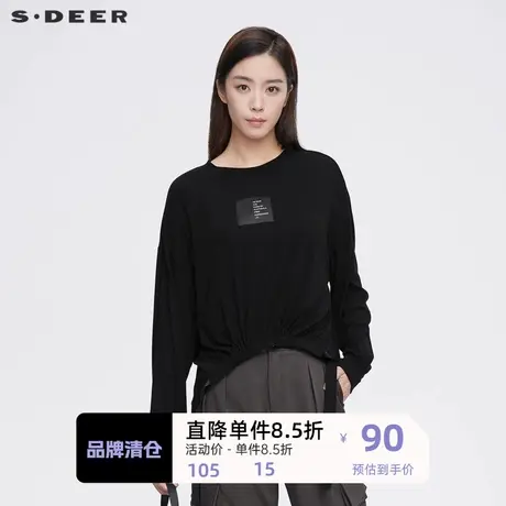 sdeer圣迪奥女装个性圆领字母抽绳褶皱长袖T恤S21380215图片
