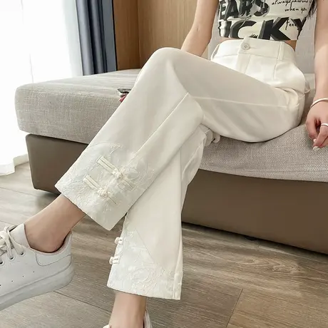 新中式烟管裤女2025夏季薄款高腰国风盘扣小个子八九分直筒休闲裤商品大图