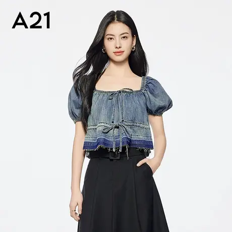 A21女装浅中蓝方领牛仔衬衫韩版抽绳蝴蝶结小衫上衣显瘦小个子图片