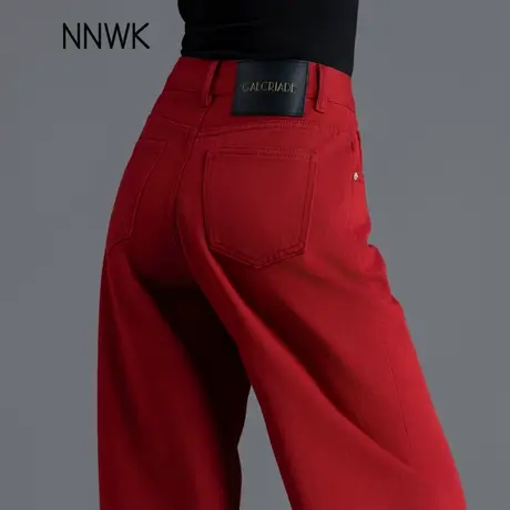 安可拉红色阔腿裤喇叭牛仔裤女2025新款春秋季高腰宽松窄版直筒裤商品大图