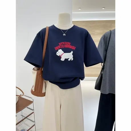 2025春季新款韩系刺绣小狗宽松显瘦百搭短袖打底衫T恤女上衣叠穿商品大图