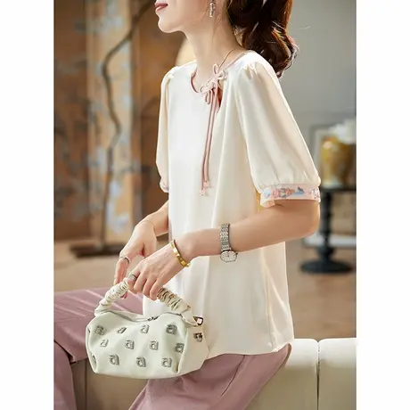 宝诗黎圆领刺绣拼接短袖雪纺衫2025夏季新中式洋气休闲上衣女装商品大图