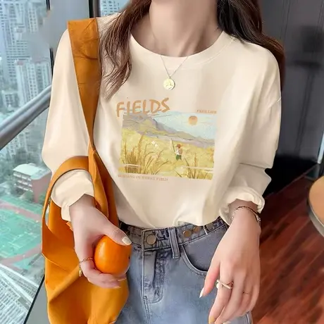 KV真维斯纯棉长袖t恤女2025新款 春秋季重磅上衣宽松显瘦体恤女款图片