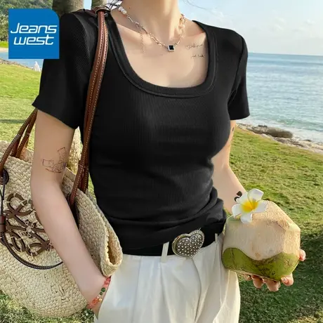 KV真维斯2025新款短袖女T恤夏季薄款透气上衣 方领休闲百搭打底衫商品大图