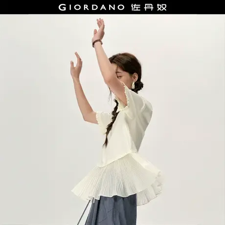 设计师款佐丹奴宽松t恤衫女拼接珍珠纱下摆圆领短袖T恤女18325216图片