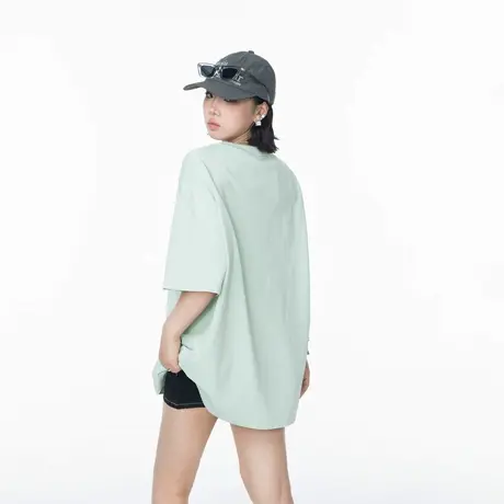 薄荷绿圆领纯色短袖T恤女夏季新款宽松oversize休闲情侣半袖上衣图片