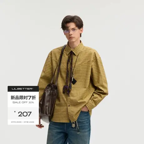 Lilbetter全棉复古小格纹长袖衬衫2025秋线条分割设计感翻领上衣商品大图