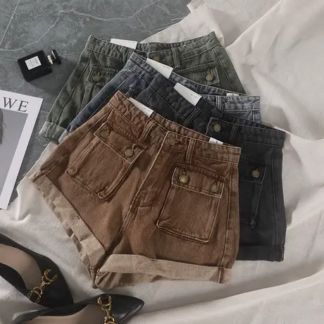 大口袋设计感牛仔短裤女酷辣穿搭休闲工装短裤显瘦卷边阔腿A字裤图片