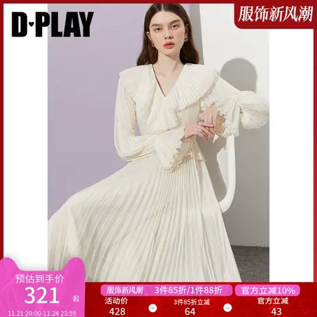 DPLAY【黑标】春温柔仙女气质奶油杏压褶长袖大摆度假连衣裙商品大图