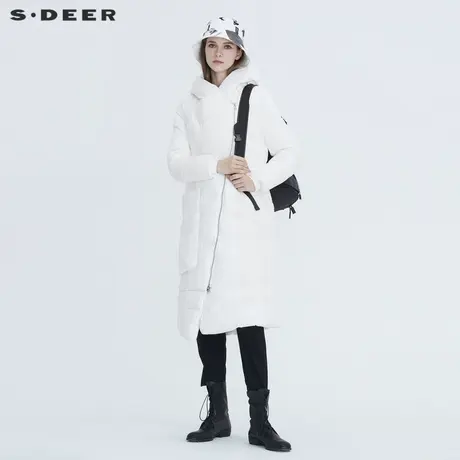 sdeer圣迪奥时尚连帽斜襟不对称白色宽松长款羽绒服女S20462406图片