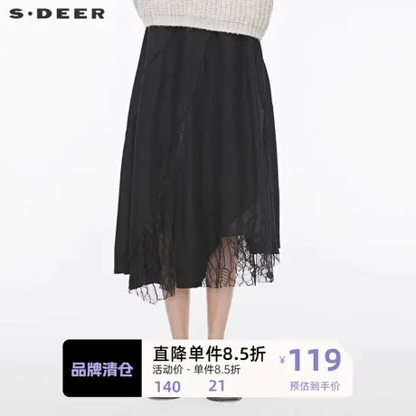 sdeer圣迪奥女2019冬复古优雅蕾丝拼接不规则摆纯黑长裙S19481105🐒图片