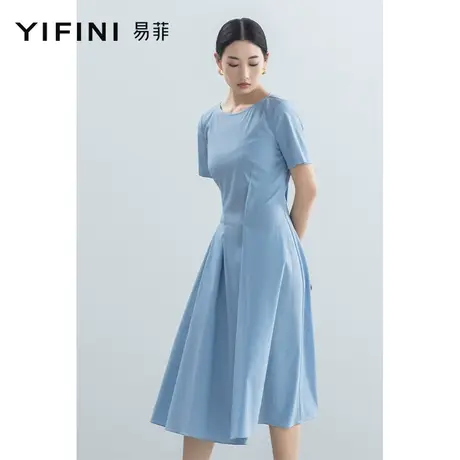 Yifini/易菲短袖一字领气质中长款连衣裙女2023夏季新款收腰显瘦商品大图