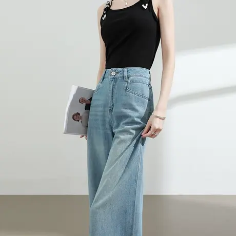 刺绣阔腿牛仔裤女夏季薄款裤子高腰宽松显瘦垂感小个子九分直筒裤商品大图