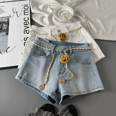 时尚花朵腰带牛仔短裤女2025夏季新款辣妹洋气百搭阔腿a字热裤潮商品大图