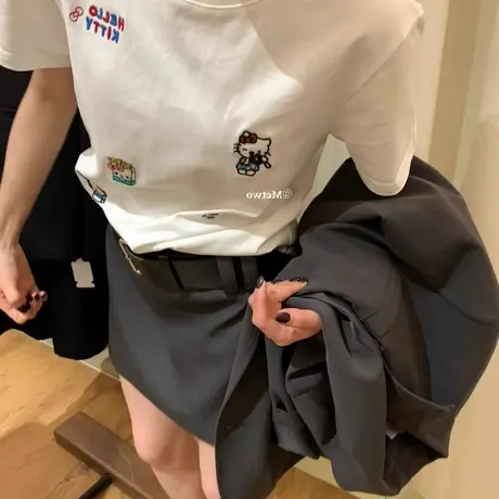 韩系凯蒂猫刺绣卡通印花白色短袖T恤女夏季圆领宽松休闲半袖上衣商品大图