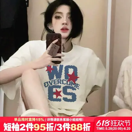 美式复古风设计感字母印花白色短袖t恤女小众宽松重磅半袖上衣夏商品大图